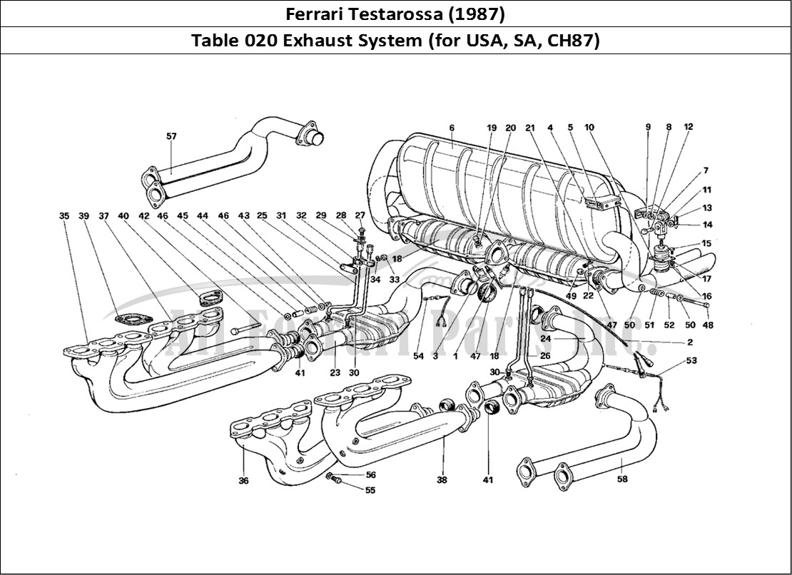 Ferrari Parts Ferrari Testarossa (1987) Page 020 Exhaust System (for U.S.