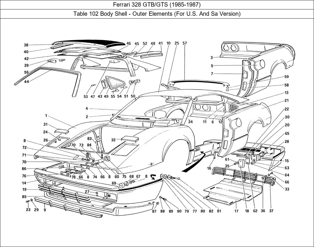 Table 102 - Body Shell - Outer Elements (For U.S. And Sa Version)