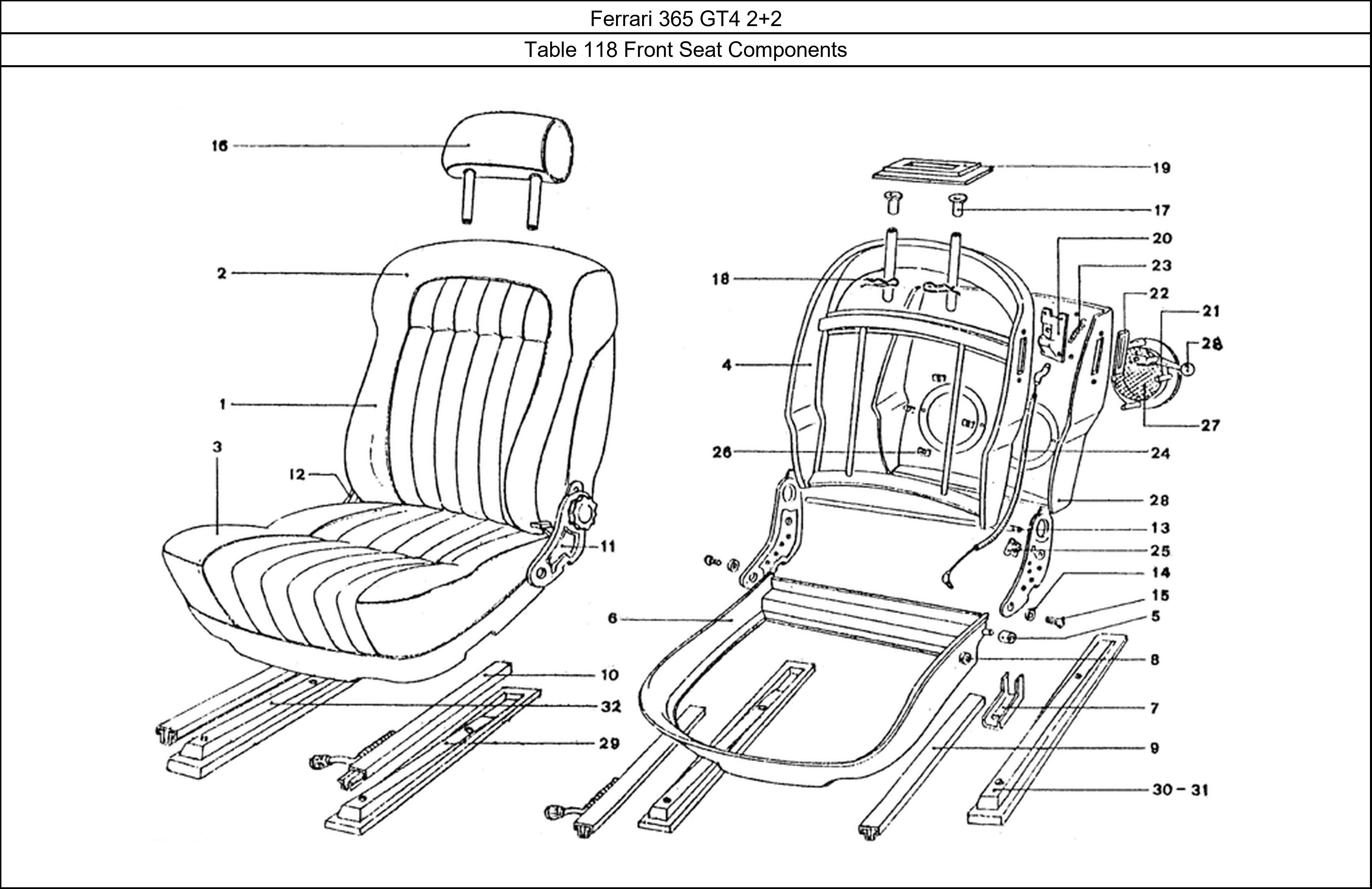 Table 118 - Front Seat Components