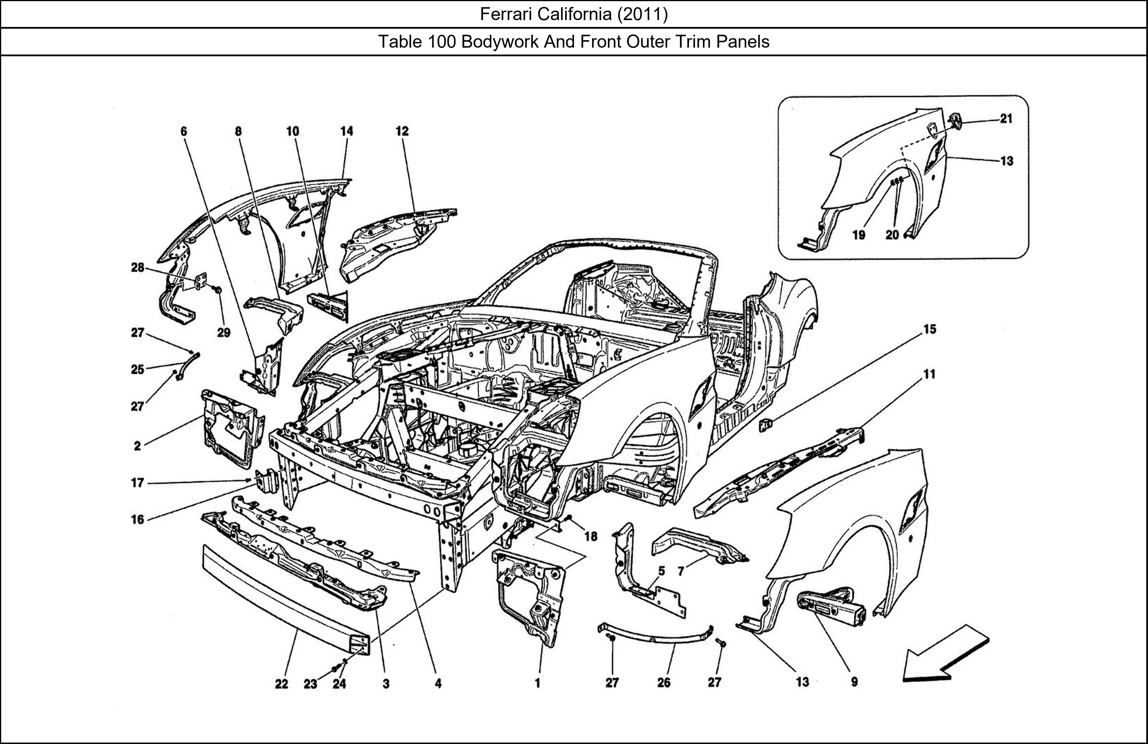 Ferrari Parts Ferrari California (2011) Table 100 Bodywork And Front Outer Trim Panels