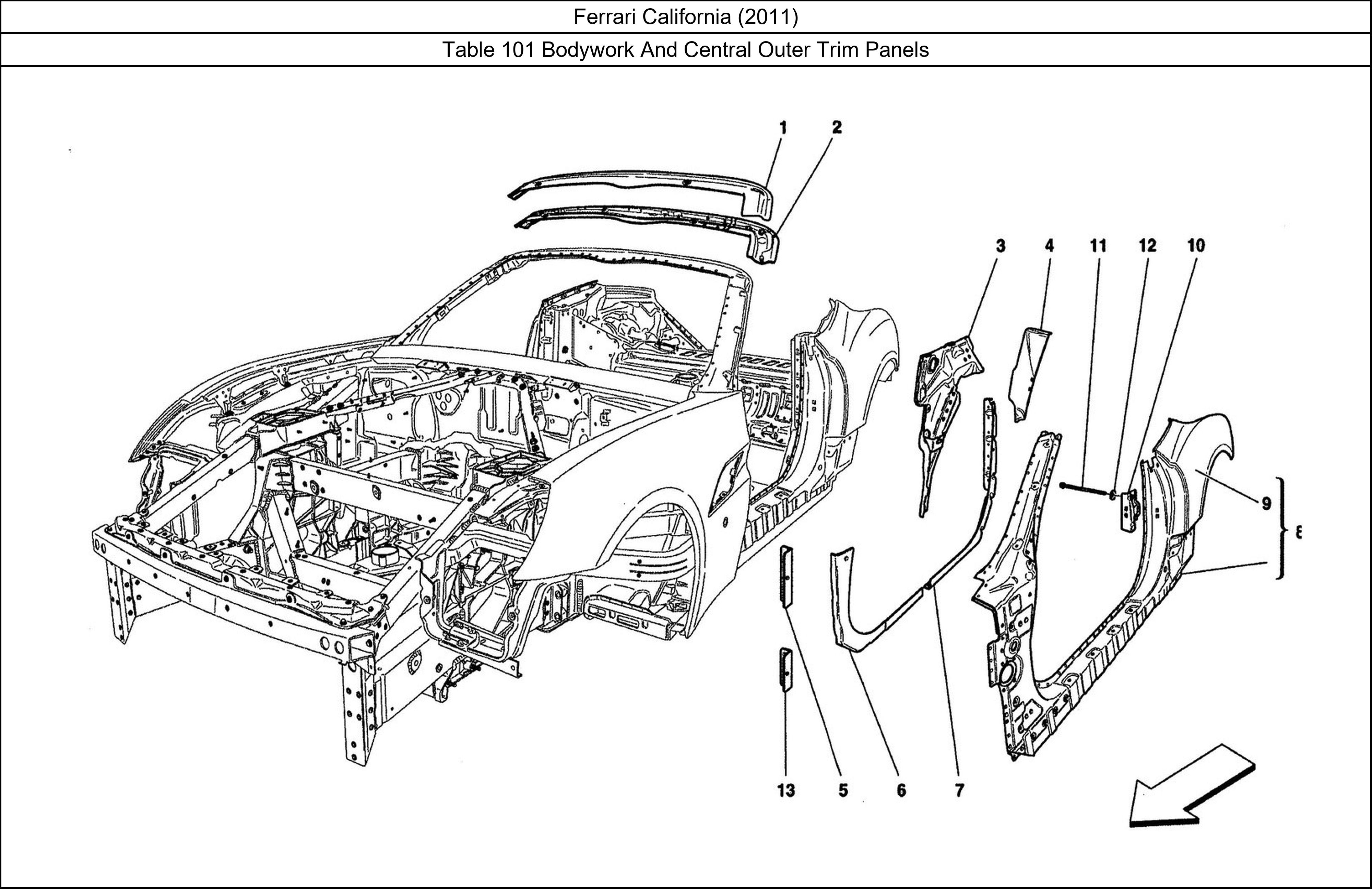 Ferrari Parts Ferrari California (2011) Table 101 Bodywork And Central Outer Trim Panels