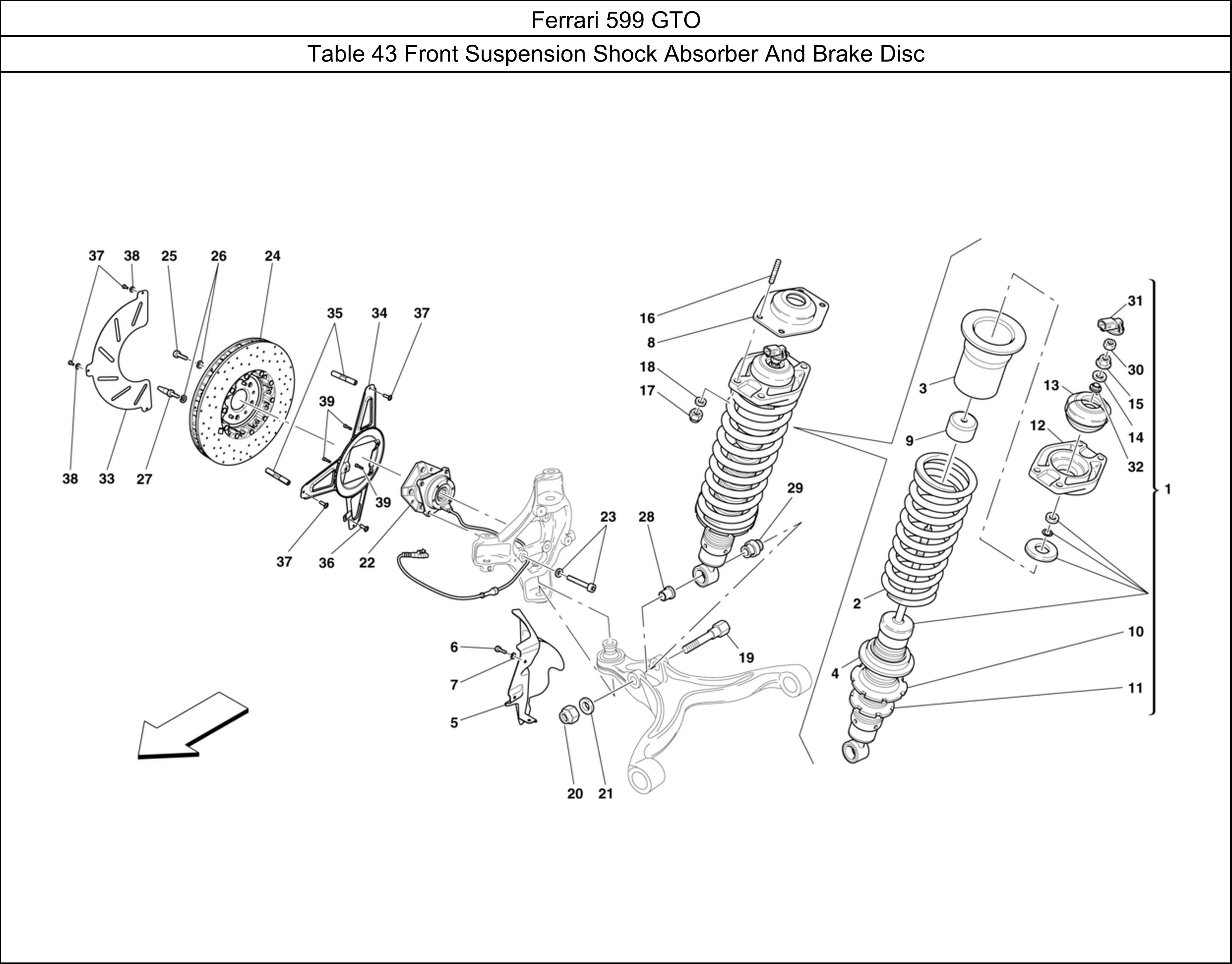 Ferrari Parts Ferrari 599 GTO Table 43 Front Suspension Shock Absorber And Brake Disc