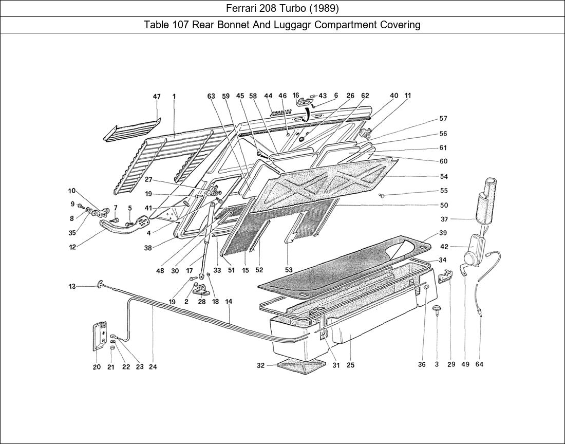 Ferrari Parts Ferrari 208 Turbo (1989) Table 107 Rear Bonnet And Luggagr Compartment Covering