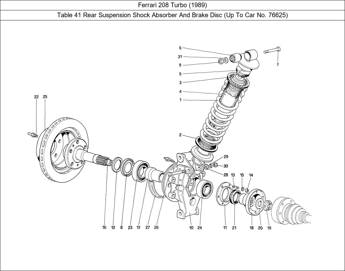 Ferrari Parts Ferrari 208 Turbo (1989) Table 41 Rear Suspension Shock Absorber And Brake Disc (Up To Car No. 76625)