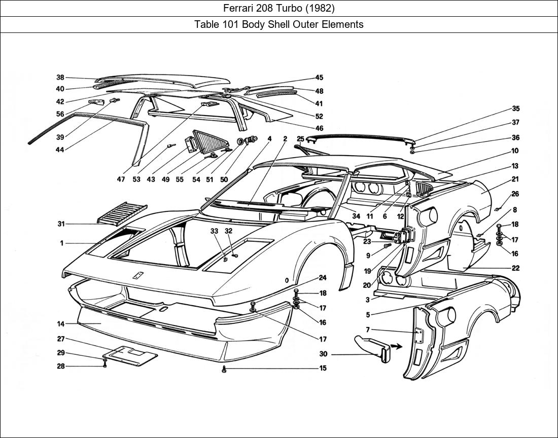 Ferrari Parts Ferrari 208 Turbo (1982) Table 101 Body Shell Outer Elements
