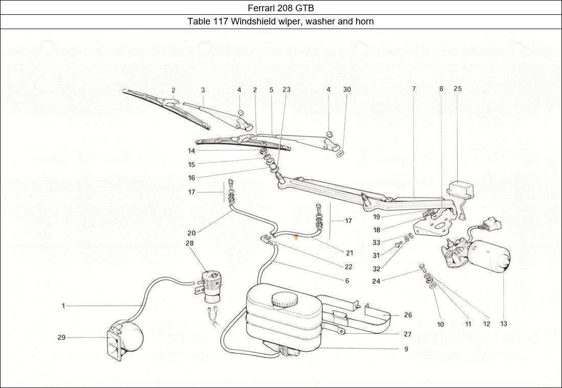 Ferrari Parts Ferrari 208 GTB Table 117 Windshield wiper, washer and horn